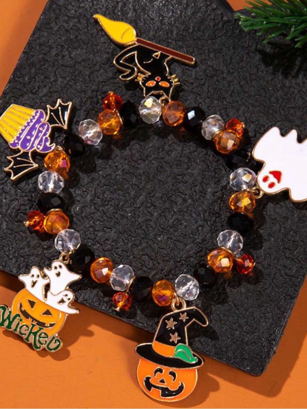 Halloween Charm Beaded Bracelet in Orange, Black & Clear